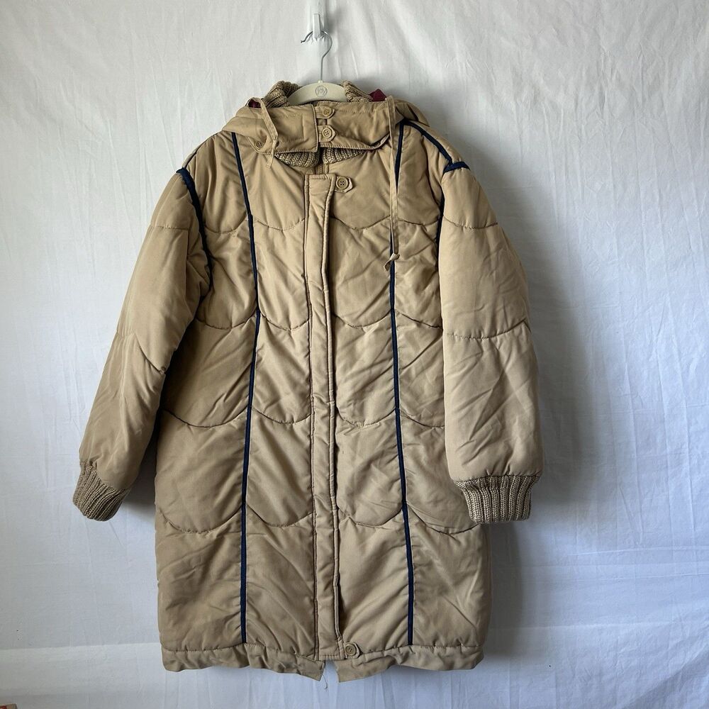 Vintage 80s Tan Quilted Long Puffer Coat Women's M Tan Hooded Long Winter Parka